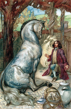 Colour illustration of Gulliver kneeling in front of a horse in a stable abode. They appear in discussion, presumably using the fictional Houyhnhnm utopian language