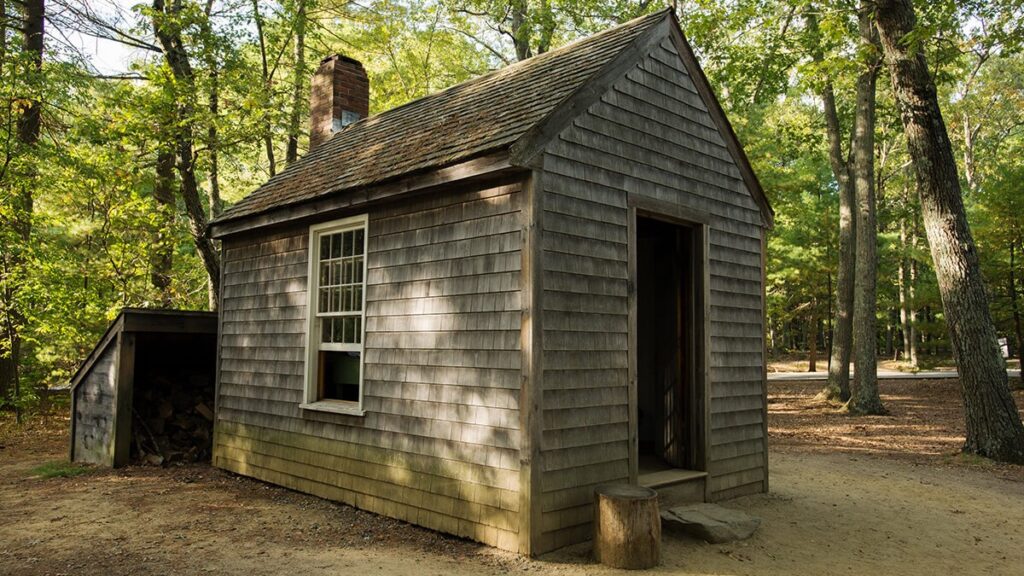 Photograph of a replica of Thoreau's cabin near Walden pond